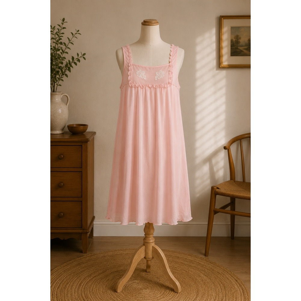 Vintage‎ Handmade Pink Nightgown Ruffle Floral Lace Coquette Romantic